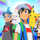 Goh, Ash, and Chloe are seen standing in front of a colorful background, with Scorbunny, Pikachu, and Yamper sitting on their shoulders, respectively.